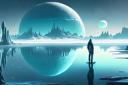 alien landscape with person seeing a grey exoplanet in the horizon, lagoon reflection, ice blocks, sci-fi, concept art, cinematic, very epic