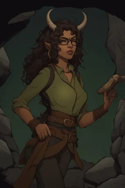 Dnd character with a long tail and small horns in a dark cave. A female Tiefling archeologist with greenish skin, wearing glasses, in brown adventurer's clothes. Cunning, beautiful, cool.