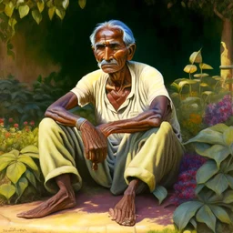 an indian man, oval face, tanned skin, sitting in a garden, peaceful