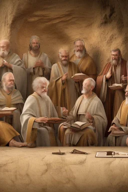 Several Christian priests of the 1st century AD are sitting in a cave and actively arguing and gesticulating, each holding a scroll of Ancient Scripture, many ancient scrolls are lying on a wooden table in front of them, everything is written in watercolor in high resolution, in 8k.