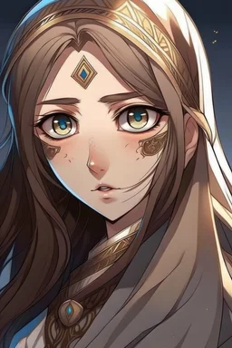 "Draw an Arab character, a girl wearing traditional Arab clothing, with a wounded eye that signifies her royal lineage. She has long brown hair. Draw her in an anime style, similar to Vanitas anime style