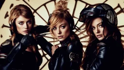 Poster for an action film called "The Motorbike Girls" starring Katherine McNamara, Margot Robbie and Georgia Henshaw wearing tight leather catsuits.