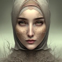 close up portrait of fog as woman in hijab, fine detail, highly intricate, modern surrealism painting, defined cracks and breaks, high-quality, volumetric lighting, 8k, ultrahd, George Grie, Marco Escobedo, Igor Morski,Brian Froud, Howard Lyon, Selina French, trees, flowers, tall