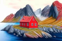 Colored pencil drawing, of the colorful nature of Lofoten Island in Norway, with a characteristic red houses, Ultra Realistic,