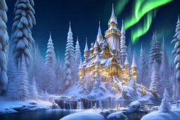  white and gold crystal castle，waterfall, winter snow flakessnow, northern Lights, full of details, smooth, bright sunshine，soft light atmosphere, light effect，vaporwave colorful, concept art, smooth, extremely sharp detail, finely tuned detail, ultra high definition, 8 k, unreal engine 5, ultra sharp focus