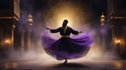 Hyper Realistic photographic-view of a Sufi Whirling with Golden & Purple Islamic Sufi Rustic Grungy-Black Background with thick-fog at dark-night outside an ancient Islamic architectural building with golden-sparkles-whirling showing dramatic & cinematic ambiance.