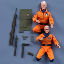 a large pile of face Mike Pence G.I. Joe toy Doll spaceforce uniform, orange blue fabric, pistol, wall packaging for sale, bright pricetag, finger, empty box