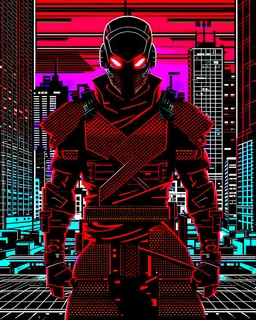 dibujo de contorno de un Samurái negro y rojo con traje cyberpunk, fondo ciudad