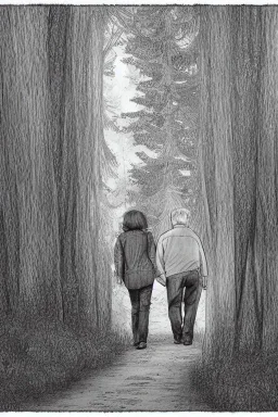 Forest, old couple walking, model style, hyper realistic, accurate, delicate, extremely detailed, Graphic novel style, wide-angle, front view, open aperture, superfine pencil