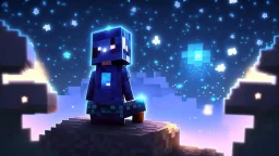 Minecraft Character, minecraft theme, purple starry sky, meditating, aesthetic, facing back