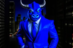 a realistic photo of minotaurus from head to torso wearing flashing blue tuxedo with blur manhatten background.