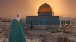 A Palestinian woman wearing an embroidered dress with the Dome of the Rock in front of her during sunset in winter.