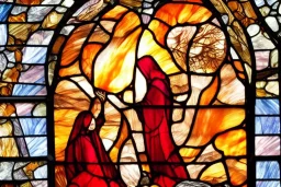 Cloaked woman holding fire on stain glass window