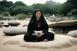 [very impressive high res masterpiece in Kodak Eastman 5247, bokeh scene by Stanley Kubrick] a gangsta nun covered by tattoos, a mysterious figure who defies convention, meditating in the lotus position on a rock outside. The serene setting of a zen garden surrounds her, the sand meticulously raked in intricate patterns, creating a sense of calm and balance in the midst of chaos.