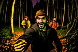 man taking a selfie while being chased by mercenaries in the woods at night