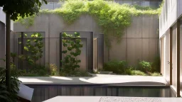 A small and irregular courtyard with curved concrete walls with random openings or openings of different sizes through which the sun's rays enter and other straight glass walls through which the silhouette of people inside can be guessed. Ivy grows on some of the walls.