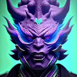 oni purple masked villain in galaxy, teal and purple smoke, detailed, realistic, 4k