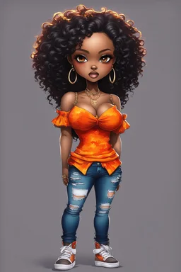 create a digital urban culture art image 8k of a chibi curvy black female wearing torn jeans pants and a orange tie dye off the shoulder blouse. Prominent make up with hazel eyes. Highly detailed long tight curly PONYTAIL