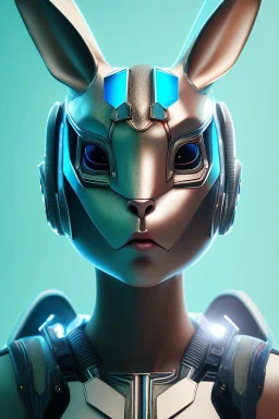 Portrait Sweet Rabbit ceramic mask, mad, cyan suit, cyberpunk, photo studio, black background, unreal engine 5, concept art, ray tracing, lumen lighting, ultra detail, volumetric lighting, 3d.