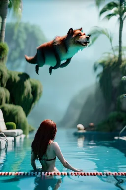 Realistic pool scene. big furry monster into water. Wes Anderson style. Red hair, smile, happy, gradient color fog. highly detailed, concept art, unreal engine 5, ray tracing, RTX, lumen lighting, ultra detail, volumetric lighting, 3d, finely drawn, high definition, high resolution.