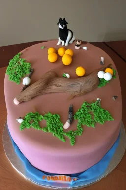 Birthday cake topped with a pool table, apricot tree and a husky dog