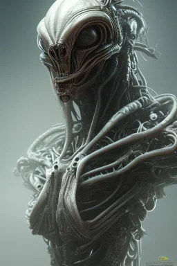 evil predator with crown, alien, brutal face, tron, head, burn eyes, 8k, finely detailed, dark light, photo realistic, hr giger, cyberpunk