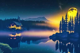 Night, moon, mist, cabin?, pine trees, lagoon reflection, rocks, rocks, sci-fi, epic