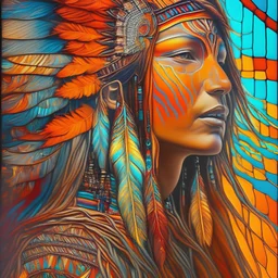 <lora:st41nedg5CIVIT:0.8>, (best quality, masterpiece, RAW photo, ultra-detailed:1.2) , st41nedg, stained glass of an extremely psychedelic portrait of a north American Indian, feathers in her hair, vibrantly colored, skin, orange flowing hair, <lora:add_detail:1>, UHD, HDR, 8K, (Masterpiece:1.5), (best quality:1.5)