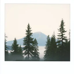 A polaroid photo of a group of fir trees in the background and a high hill in the distance. A lake. The surface below is in a pastel color. Fog is present.
