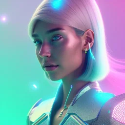 A portrait of a crystalised girl,smiling, longs hairs, atmospheric, realistic, cinematic lighting, octane render, pink turquoise light, 8k, , galactic atmosphere