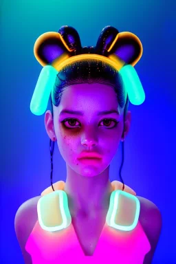 Rosalía artist, Realistic image, natural waist up portrait, perfect eyes, glow eye, black eye liner. sweet face, pigtails hair, spray line make up, glow. lips, gold. big rings piercing, led ornament, pearls. inflatable latex coat, cold, led lights, minimal, neon, pink, blue, gold, vibrant color, highly detailed, art stations, concept art, smooth, unreal engine 5, god lights, ray tracing, RTX, lumen lighting, ultra detail, volumetric lighting, 3d, finely drawn, high definition, 4k.