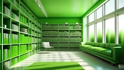 Modern green library interior with sunlight. Decor and desing concept. 3D Rendering