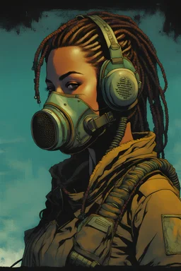 front facing full length portrait illustration of a grunge armored female with beaded dreadlock hair cyberpunk vampire mercenary with gas mask, telecommunications headset, and shemagh, highly detailed with gritty post apocalyptic textures, toxic irradiated landscape, finely detailed facial features and hair, in the graphic novel style of Bill Sienkiewicz, and Jean Giraud Moebius