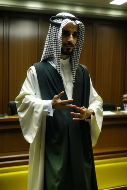 A person wearing a Saudi formal suit pleads before a court. The picture is not clear