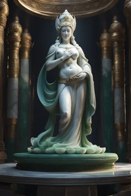 highly detailed marble and jade statue on a plint of the goddess of love. big bosom, european. full body shot, invisible gloves, , volumetric fog, Hyperrealism, breathtaking, ultra realistic, unreal engine, ultra detailed, cyber background, Hyperrealism, cinematic lighting, highly detailed, breathtaking, stunning temple environment