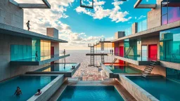 deconstructed architectural complex with primary colored pools suspended at different spatial levels, concrete and glass fragments floating like unconnected islands around vibrant bodies of water, ethereal bathers whose silhouettes split and recompose as they move between dimensional fragments, fractured sky like broken stained glass where each piece shows a different time of day, impossible staircases connecting some pools while others remain isolated on their own plane of existence, cubist sur