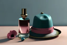 generate me an aesthetic complete image of Perfume Bottle with Vintage Hat