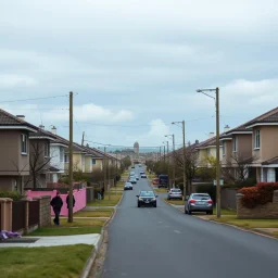 a glimpse of the suburban street, everything is odd, the landscape seems to be made of felt, pastel colours, some people and cars, rather eerie, sinister, void, liminal