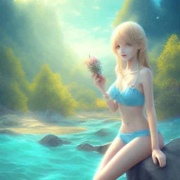 beautiful girl day, sunny, relaxing, sea, trees, real details anime style, realistic, glowing beach