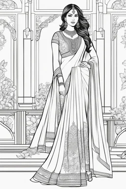 Coloring page for adults of a elegant fashion model woman wearing hindi dress, dynamic poses, full body portrait, thick and clean lines, clean details, no-color, no-turban, no-background, non color, non shading, no-grayscale, dynamic poses, full body portrait, thick and clean lines, clean details, no-color, no-turban, , non background, non color, non shading, no-grayscale, no color hair