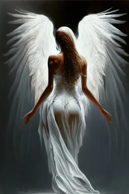 full body woman angel from back wings coming from her back, angel wearing long tunic hyper realistic