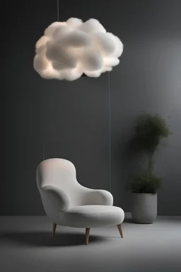 a soft chair that looks like a cloud on a gray background floating in the air with lighting