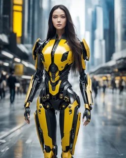 length image full body photo realistic high details beautiful woman long hair with body mechanical bLack and yellow inspired design by bumble bee transformer robot sense of luxury technology future, on walk in futuristic city street background