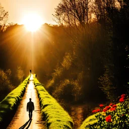 Homem andando em uma estrada com floresta e Flores ao lado no caminho de terra e de realista glamouroso iluminado vivo com o sol se pondo no horizonte