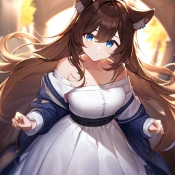 Clear focus, High resolution, Long fluffy brown hair, blue eyes, wearing a white skirt, detailed outfit, wearing a jacket oversized off shoulder, rough line, hair above ears, dog ears, off shoulder white shirt