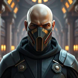 bald male corellian jedi wearing gunmetal grey and black old republic armored flightsuit and breath mask with gold and metallic red trim inside the jedi temple, centered head and shoulders portrait, hyperdetailed, dynamic lighting, hyperdetailed background, 8k resolution, volumetric lighting, light skin, fully symmetric details