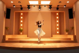 A 3D recursive structure modern stage with a pretty lady in modern clothing dancing,animating background stage