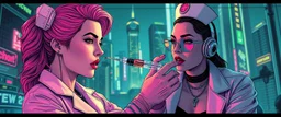 cyberpunk mega city fallout 4, airbrush and pen outline, A cinematic, high-end advertisement image for a fictional service called “Posh Meeting with Spice Girl Nurse Glam Fashion Party™”. Split-screen composition with two contrasting emotional states. Mad scientist getting injected.