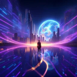 3D infinity symbol ∞, infinity figure-of-eight symbol is totally-symmetrical and brightly coloured, man silhouette facing epic scene of building, glowing earth, water, network and lights, exotic, inspiring, fantasy, neon, friendly, beautiful, octane render, 8k post-production, artstation: award-winning: atmospheric: commanding: fantastical: clarity: 16k: ultra quality: striking: brilliance: liquid medium: stunning colors: amazing depth; lens: f/8, 28mm