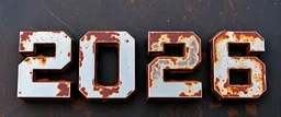 "2026" in squared block letters made of shiny and rusty metal on contrasting background